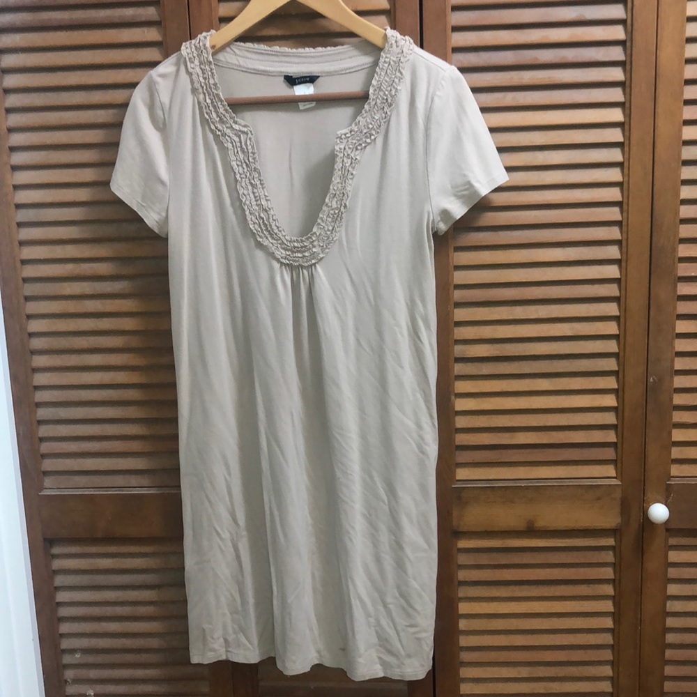 J.Crew beige shift dress with ruffle at neck
